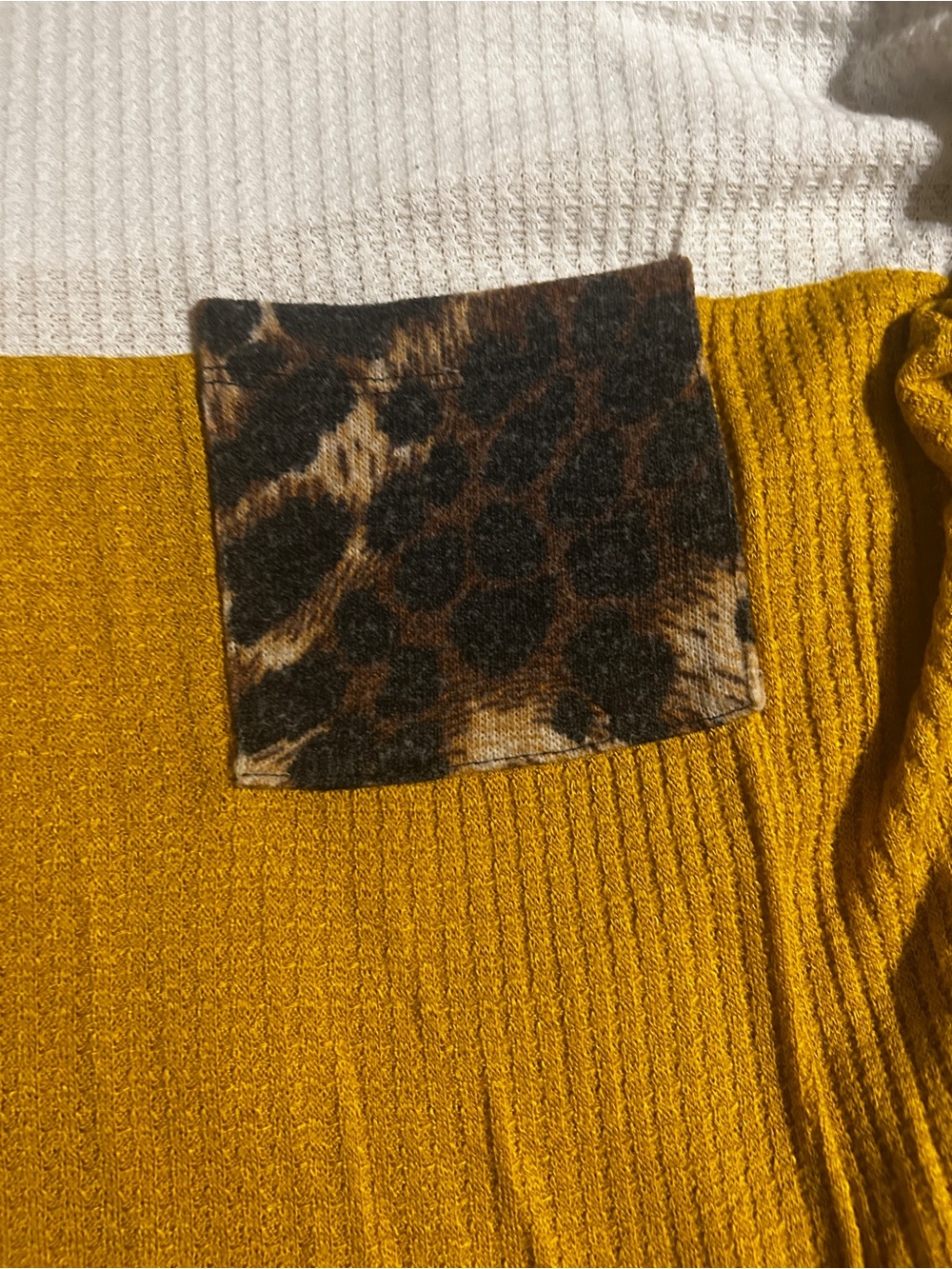 Source Unknown White and Mustard Colorblock Waffle Knit Top with Leopard Pocket - Picture 2 of 5